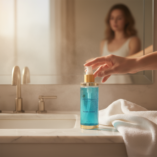 Person holding a blue skincare bottle with a mirror and sink in the background