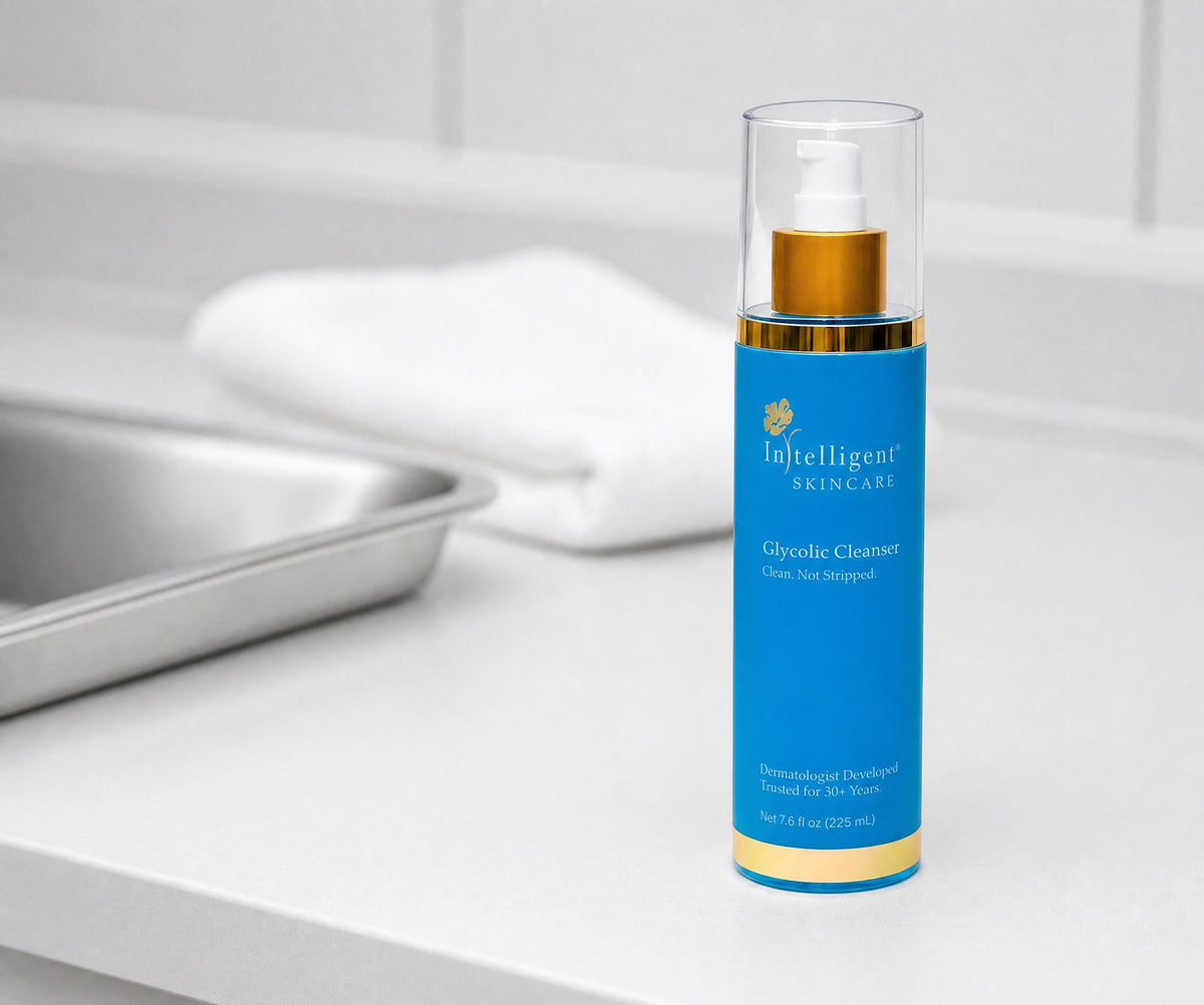 A bottle of Intelligent Skincare Glycolic Cleanser standing on a white countertop in a bathroom setting, with a sink and folded towel blurred in the background.