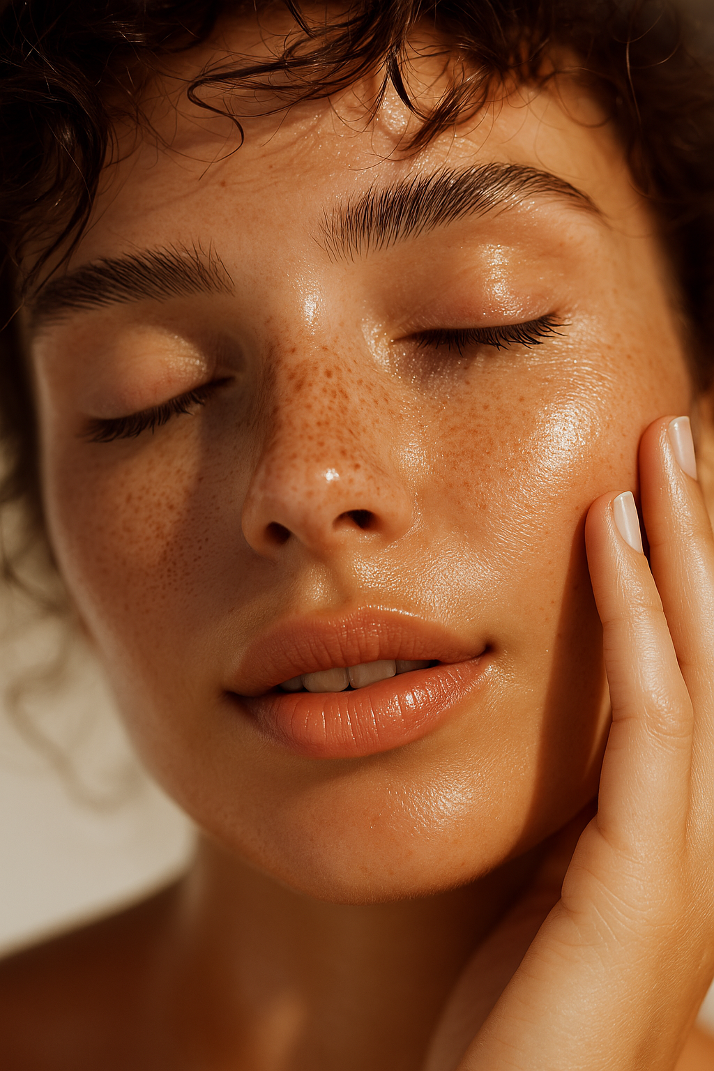 Close-up of a woman's face with freckles, eyes closed, and hand near her face. with clean, not stripped skin after using Intelligent Skincare's The Blue Cleanser