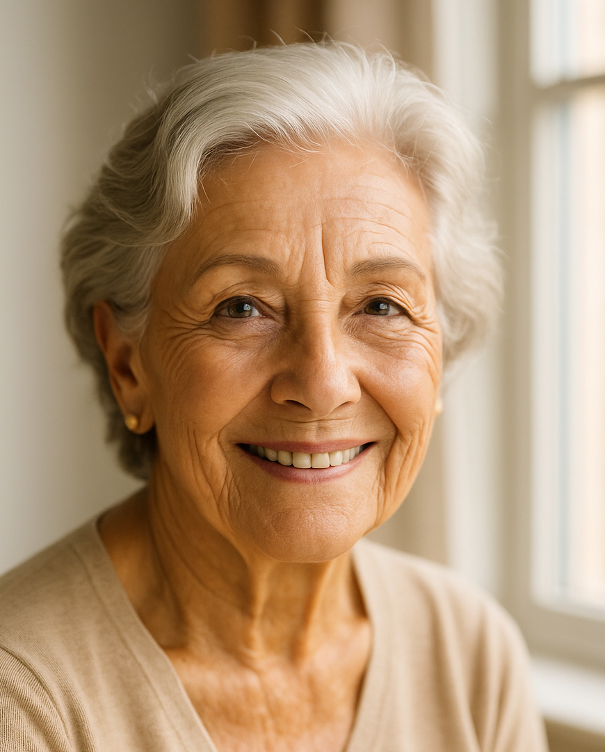 Woman with gray hair and a warm smile, standing in a softly lit room.