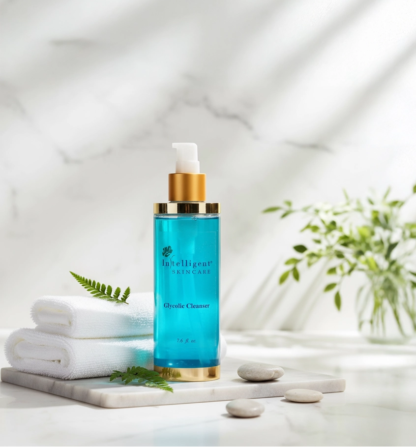 Blue skincare bottle with gold cap on a white surface with towels and plants