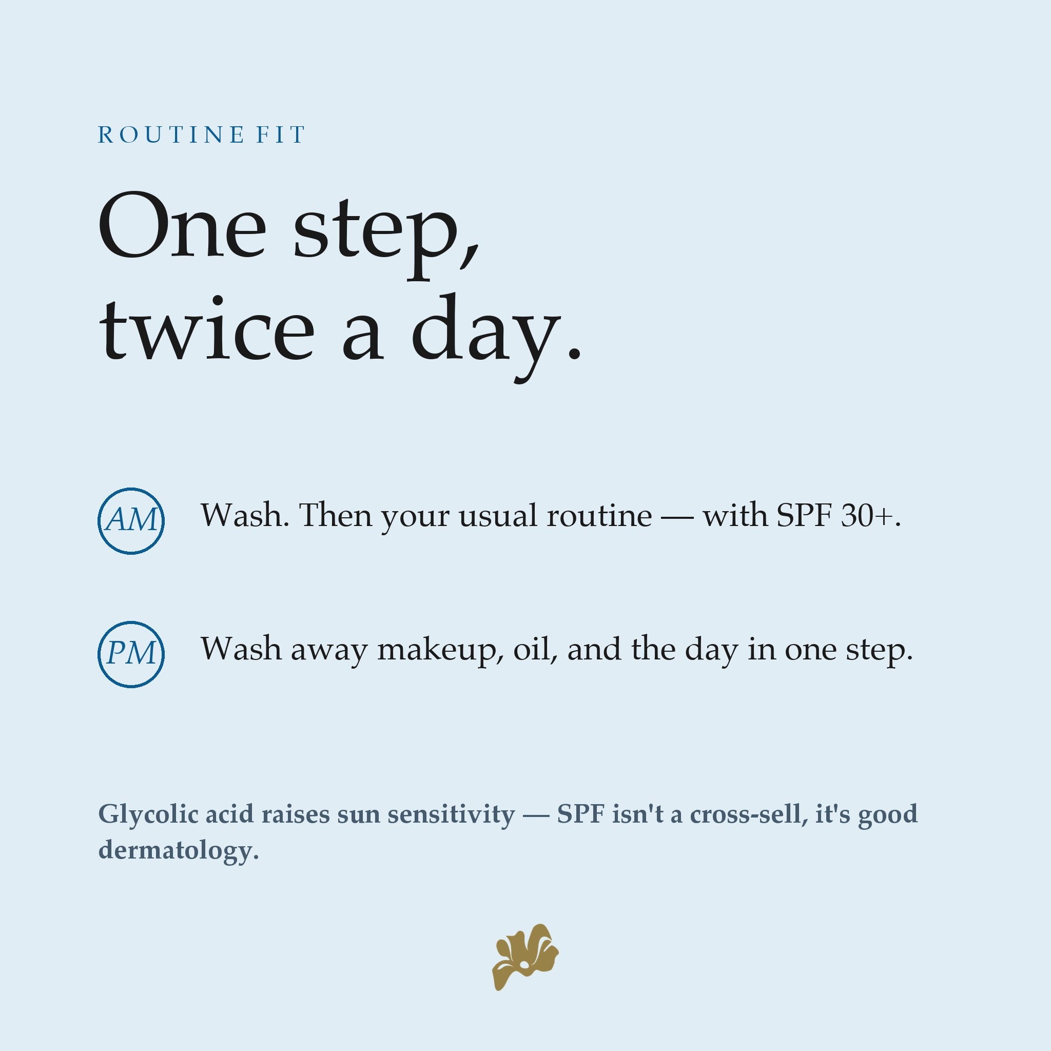 Infographic: one step twice a day — AM wash then SPF 30+, PM wash away makeup and buildup