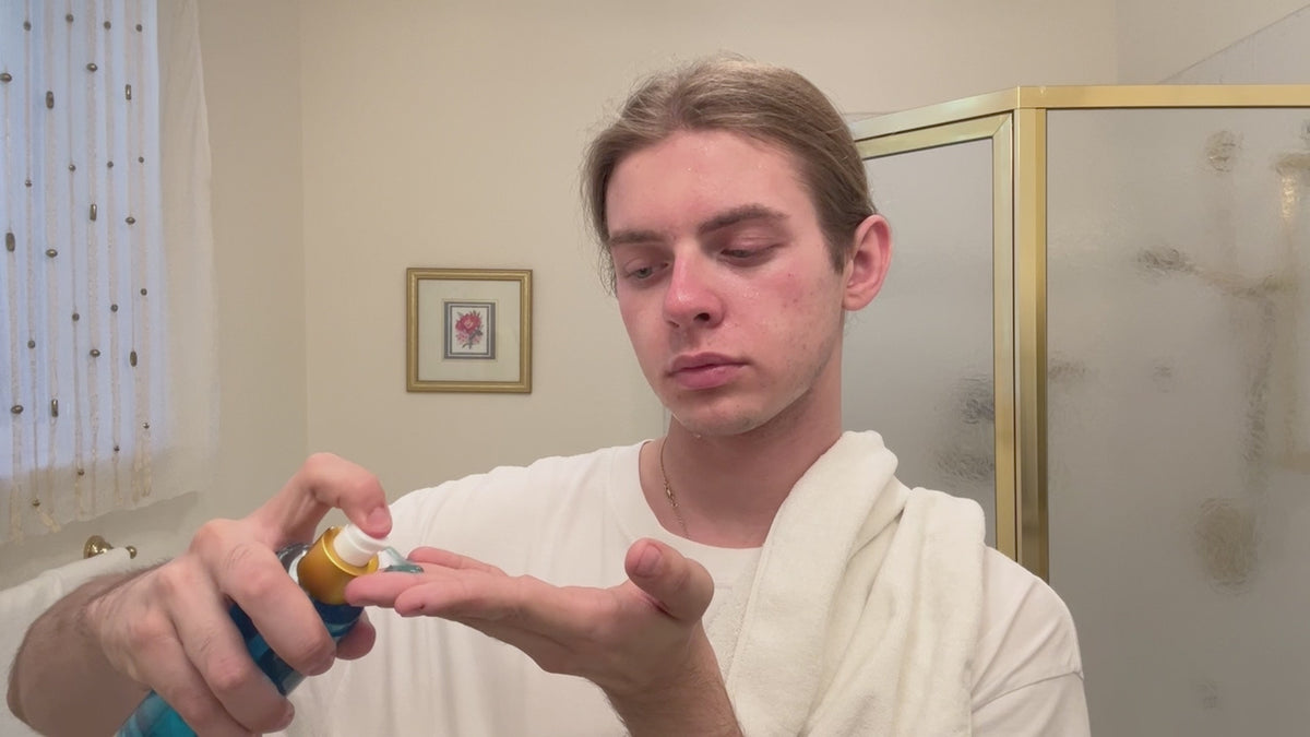 Real customer Tommy washes his face with the Blue Glycolic Cleanser — lather, rinse, results